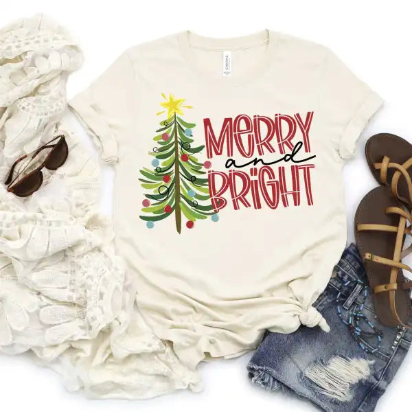 Whimsical Tree with Merry and Bright Adult Tee